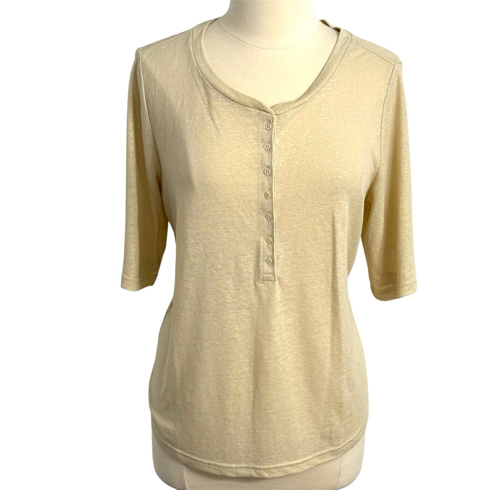 Gap Linen Tee Short Sleeve Pull-Over Button Front, Anchorage Cream and Metallic